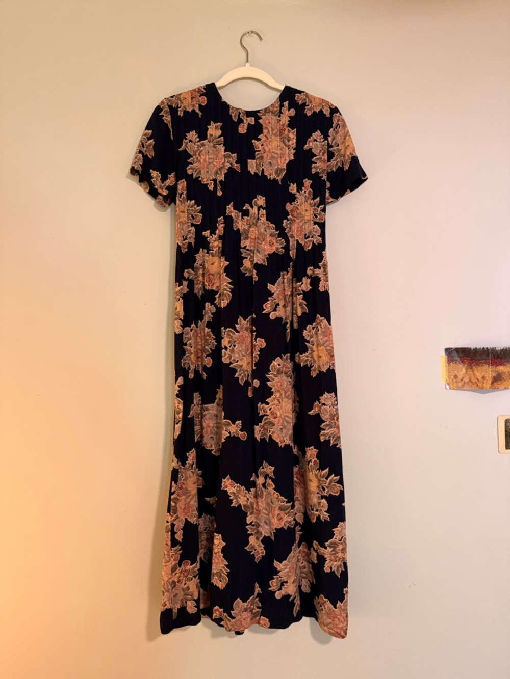 Floral Short-Sleeve Long Midi Dress in Black with Dark Peach and Tan Flowers
